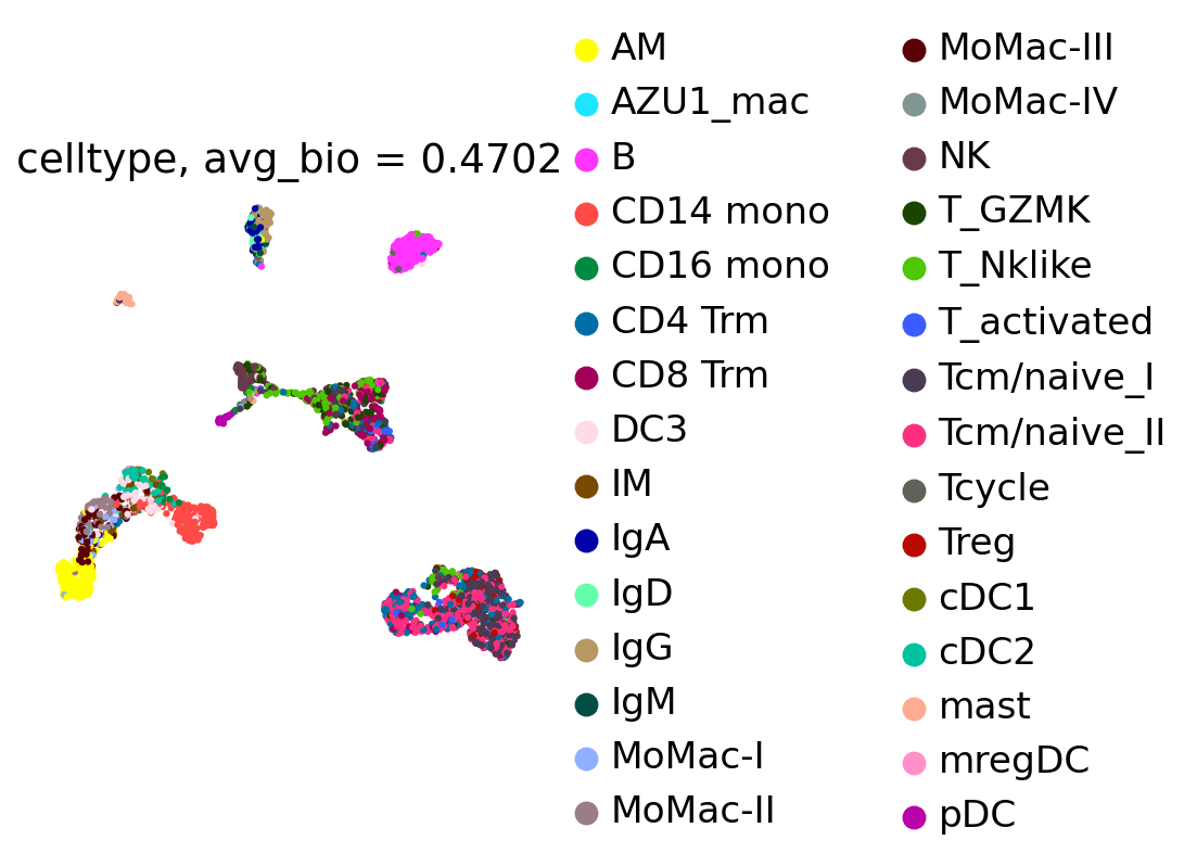 UMAP of lung tumor cells colored by cell type, frozen bone-marrow-tuned config